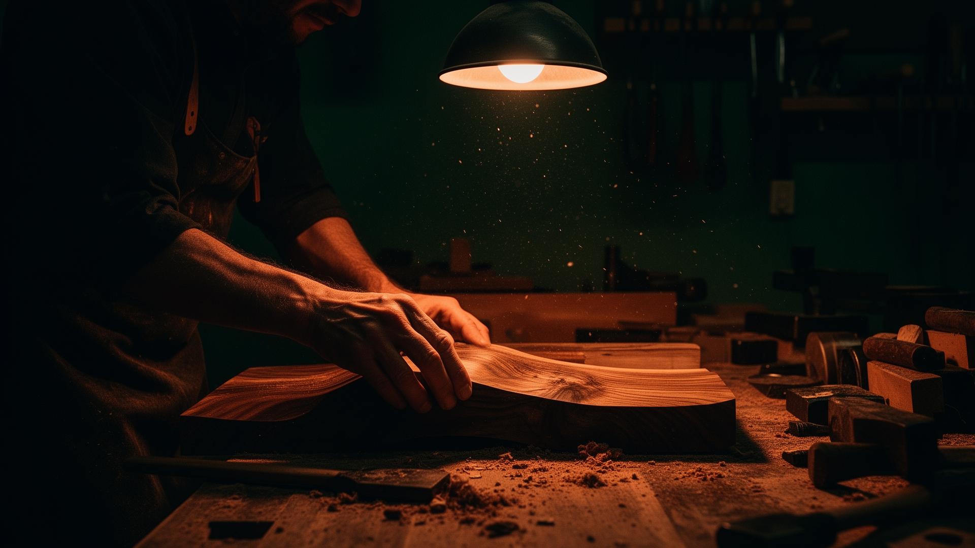 Craftsman shaping a piece of walnut at the workbench