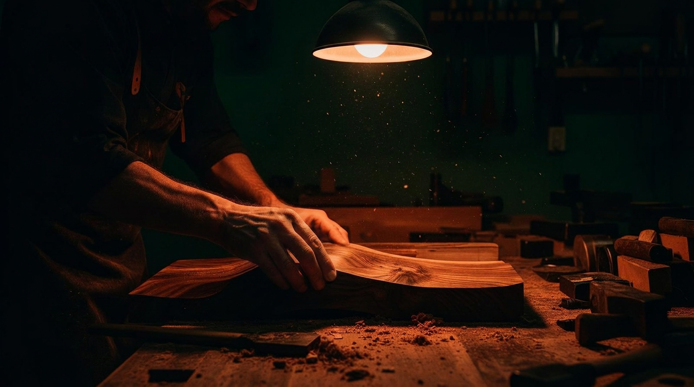 Craftsman shaping a piece of walnut at the workbench